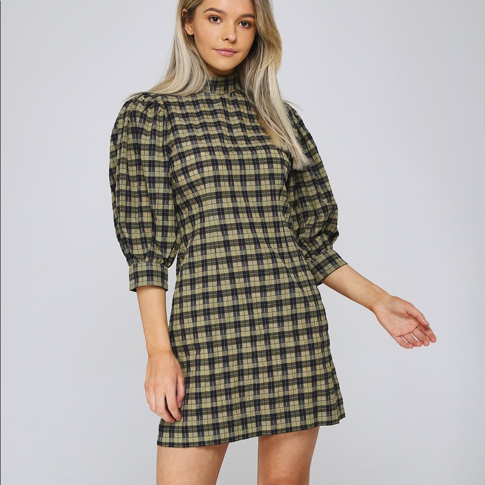 Ganni seersucker green checked mini dress size 36